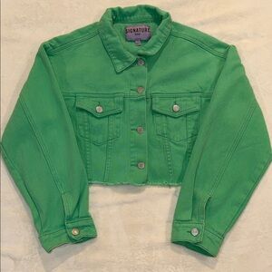 Signature Eight Bright Kelly Green Cropped Denim Jacket Women’s L Button Front